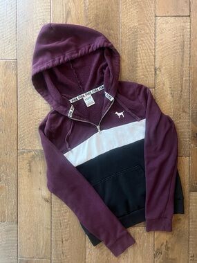 PINK Victoria's Secret Maroon, White & Black Colorblock Half-Zip Hoodie